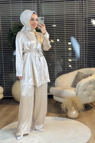 8516 Saten Kendinden Çizgili Şal Yaka Takım Taş