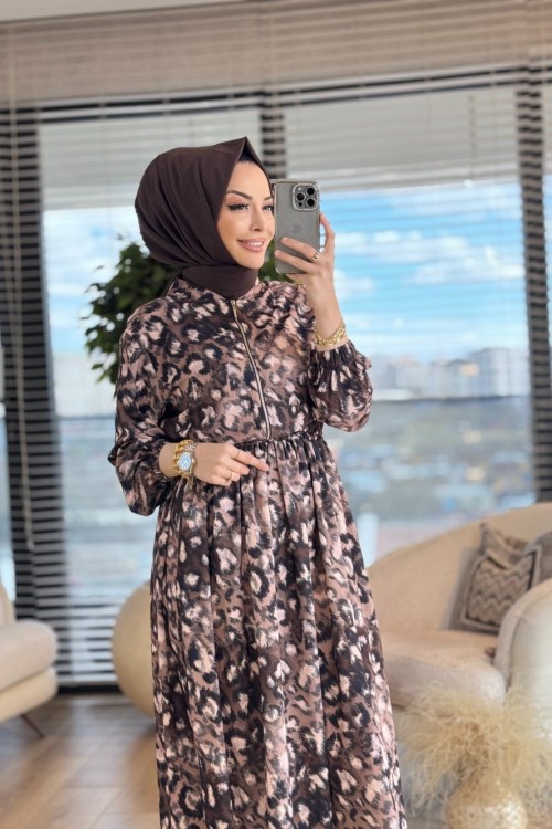 8521 Leopar Desen Ön Fermuarlı Etekli Takım Leopar