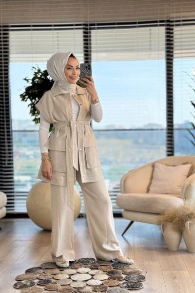 8531 Yelek Kol Kenarı Taş Şeritli Takım Bej