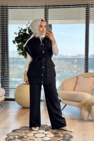 8531 Yelek Kol Kenarı Taş Şeritli Takım Siyah