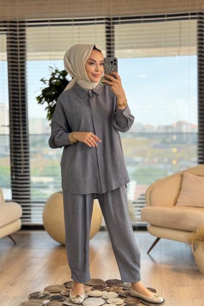 8532 Batik Gofre Paçası Dikişli Takım Gri