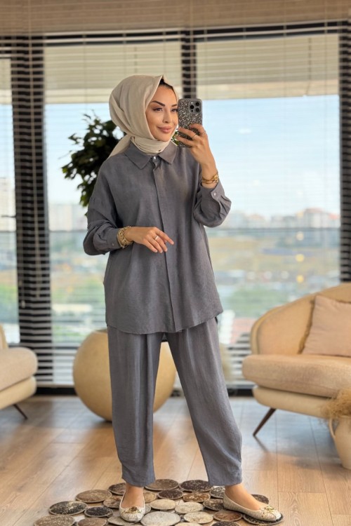 8532 Batik Gofre Paçası Dikişli Takım Gri
