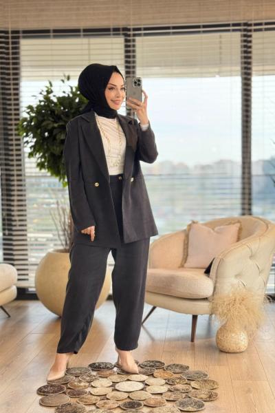 8537 Saten İki Düğme Ceket Takım Siyah