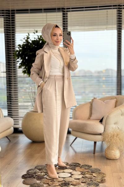 8537 Saten İki Düğme Ceket Takım Bej