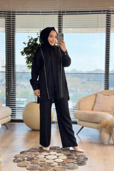 8539 Ön Ve Pantolon Yanı Taş Detaylı Takım Siyah