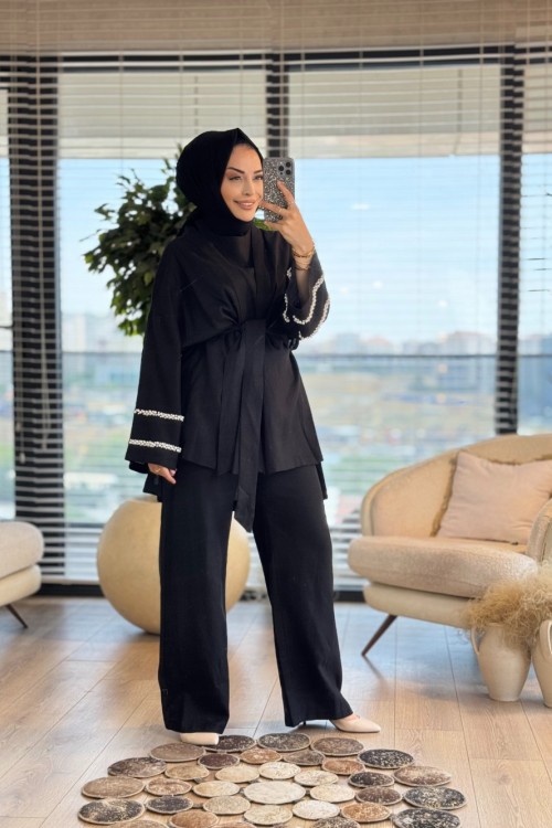 8545 Kolu İncili 3lü Takım Siyah