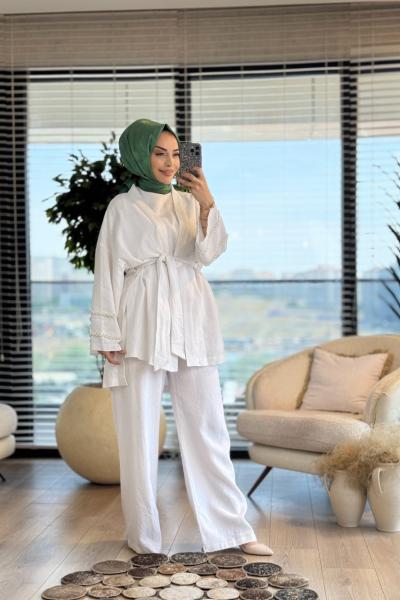 8545 Kolu İncili 3lü Takım Ekru