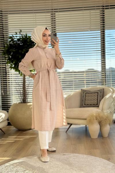 8562 Çizgili Cebli Uzun Tunik Bej