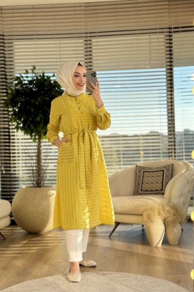 8562 Çizgili Cebli Uzun Tunik Yağ Yeşili