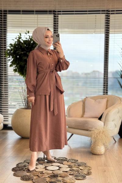 8562 Metal Düğmeli Etekli Takım Kahve