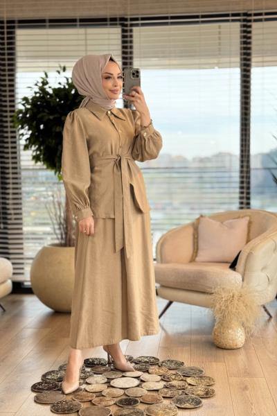 8562 Metal Düğmeli Etekli Takım Bej