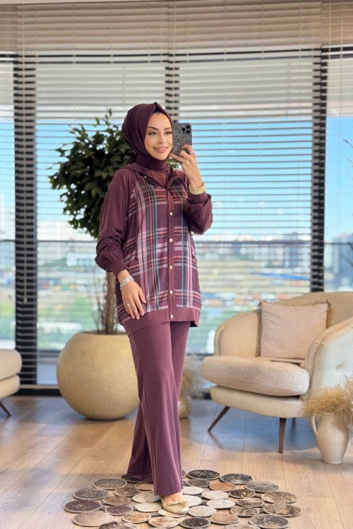 8568 Önü Ekose Desen Parçalı Takım Bordo