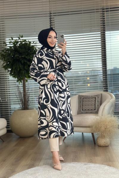 8570 Desenli Önden Düğmeli Uzun Tunik Siyah