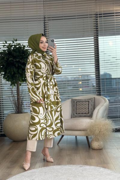 8570 Desenli Önden Düğmeli Uzun Tunik Yağ Yeşili