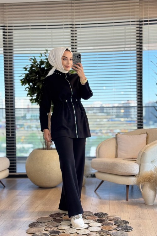 8578 Yaka Kol Kürk Ve Taş Detaylı Takım Siyah