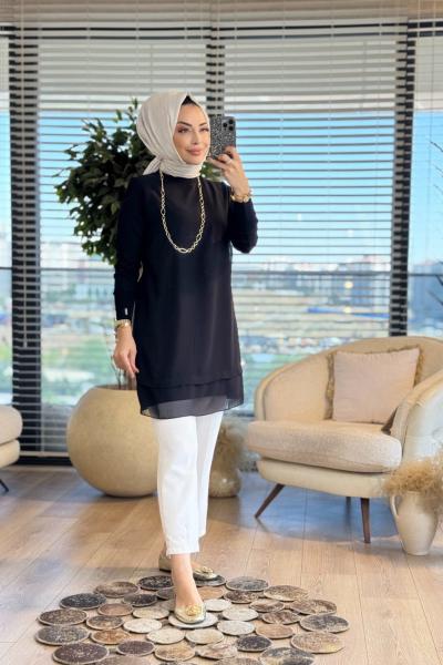 875 Ön Şifon Yaka Kol Ribanalı Bluz Siyah