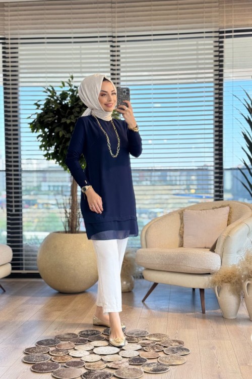 875 Ön Şifon Yaka Kol Ribanalı Bluz Lacivert