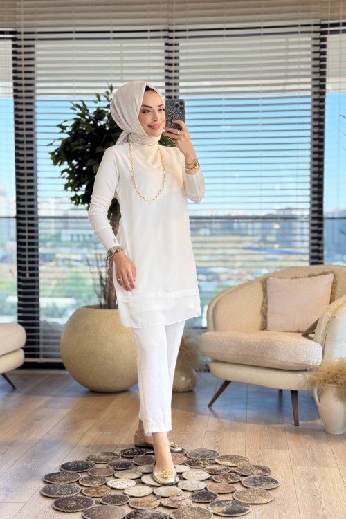 875 Ön Şifon Yaka Kol Ribanalı Bluz Ekru