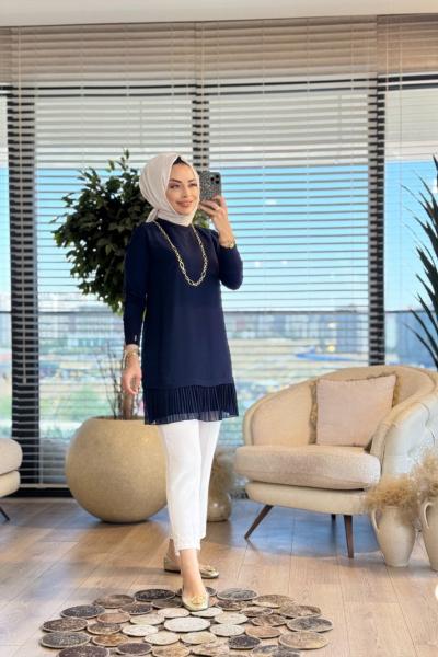 877 Ön Şifon Eteği Piliseli Uzun Kol Bluz Lacivert
