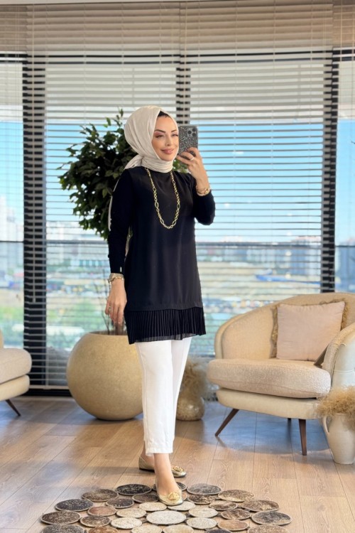 877 Ön Şifon Eteği Piliseli Uzun Kol Bluz Siyah