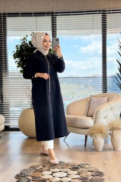 8900 Tencel Ön Fermuarlı Uzun Kap Siyah