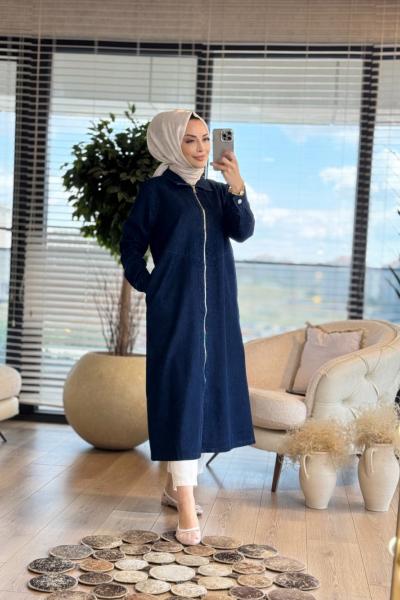 8900 Tencel Ön Fermuarlı Uzun Kap Lacivert