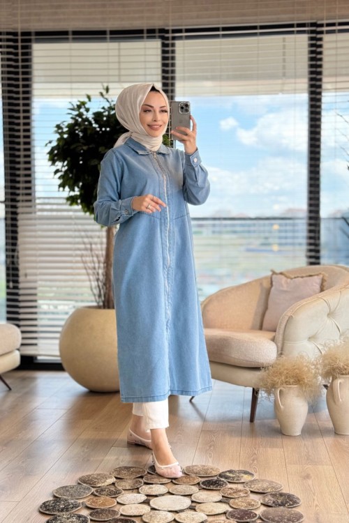 8900 Tencel Ön Fermuarlı Uzun Kap Mavi