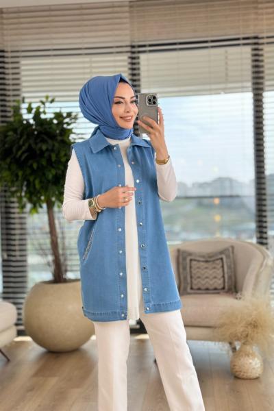 9007 Tencel Cep Kenarı Taş Detaylı Yelek Mavi