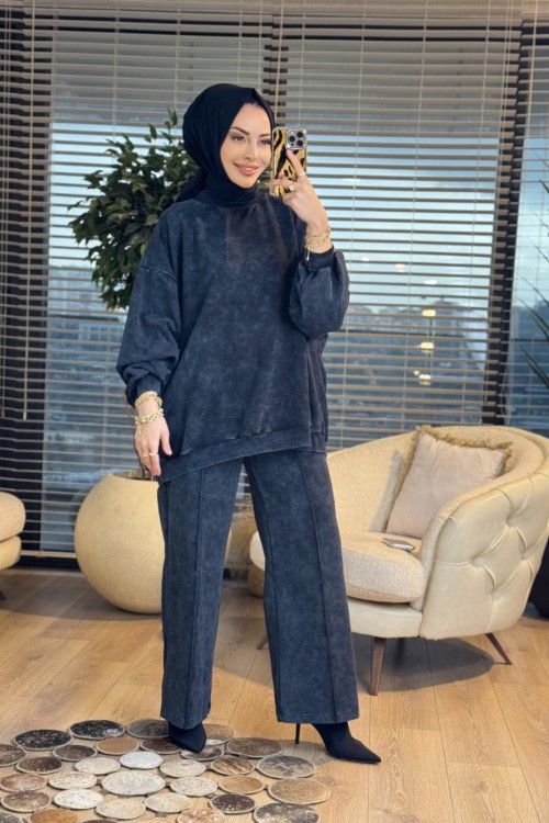 9033 Yarasa Kol Pant. Dikişli Takım Siyah