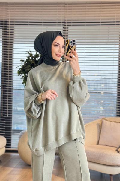 9033 Yarasa Kol Pant. Dikişli Takım Çağla