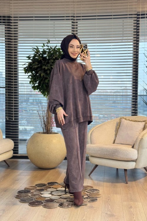 9033 Yarasa Kol Pant. Dikişli Takım Kahve