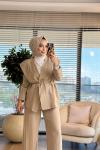 9035 Omuzları Parçalı Yakasız Takım Vizon