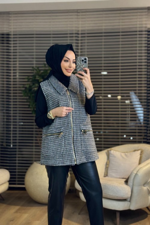 9036 Yaka Detaylı Cebi Fermuarlı  Angora Yelek Siyah