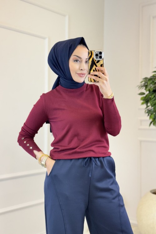 905 Kolu Düğmeli Triko Kazak Bordo