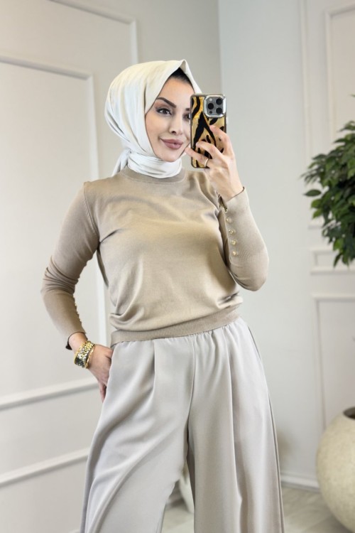 905 Kolu Düğmeli Triko Kazak Bej