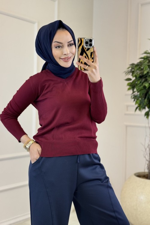906 V Yaka Kolu Düğmeli Kazak Bordo