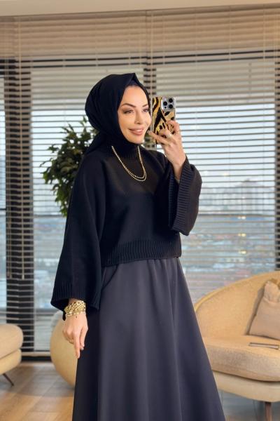 906090 Yarasa Kol Triko Kazak Siyah