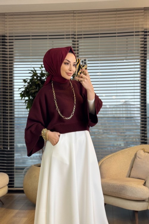 906090 Yarasa Kol Triko Kazak Bordo