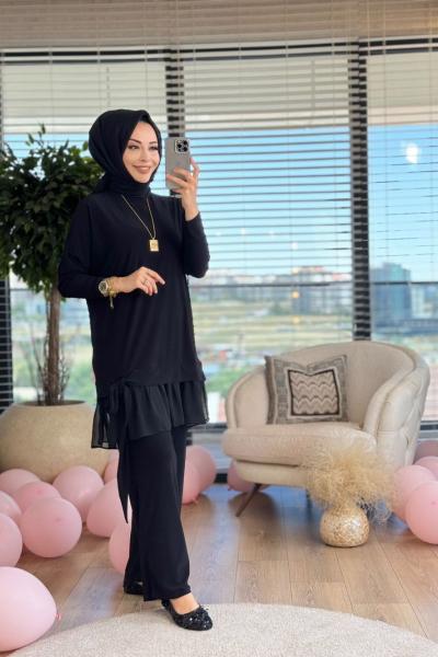 9063 Eteği Tül Ve Bağlamalı Takım Siyah