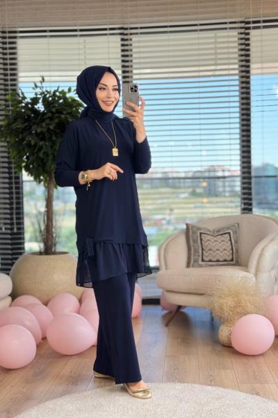 9063 Eteği Tül Ve Bağlamalı Takım Lacivert