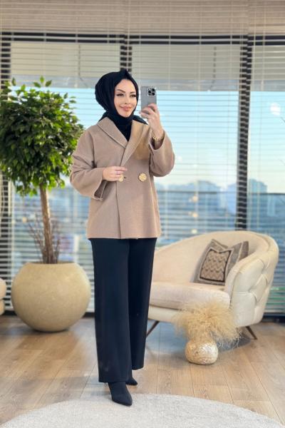 9063 Keçe Ön İki Düğmeli Kısa Kaban Vizon