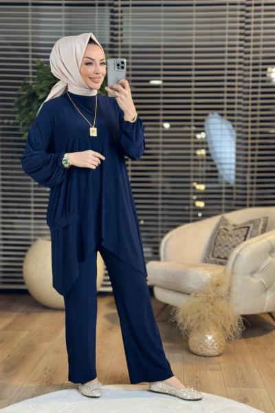 9068 Yan Büzgü Detaylı Takım Lacivert