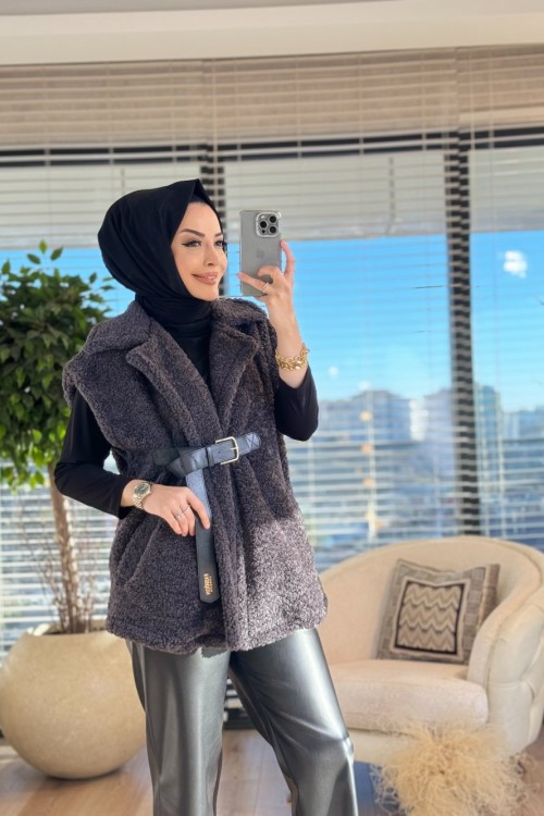9072 Peluş Ön Kemer Tokalı Yelek Antrasit