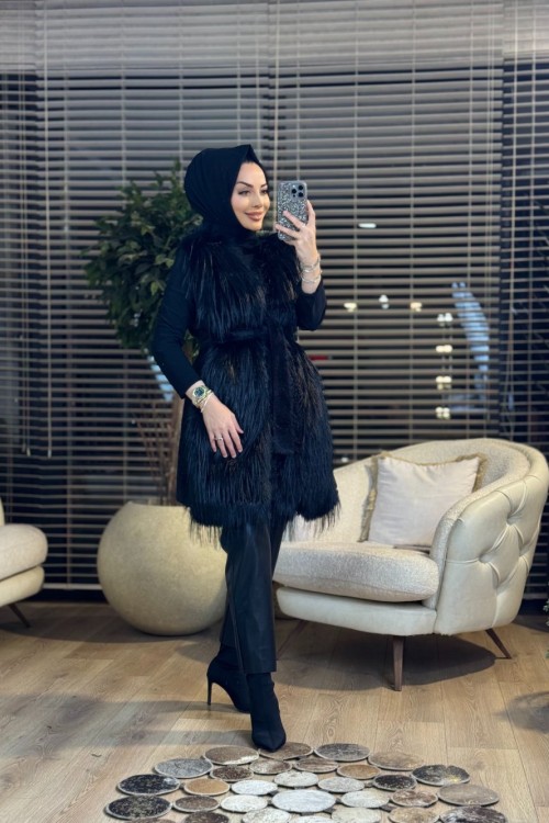 9073 Tüy Detaylı Yelek Siyah
