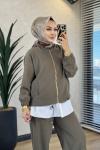 9094 Fermuarlı Crop Takım Haki