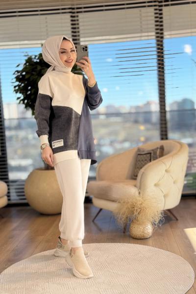 9097 Renkli Parçalı Sweaat Antrasit