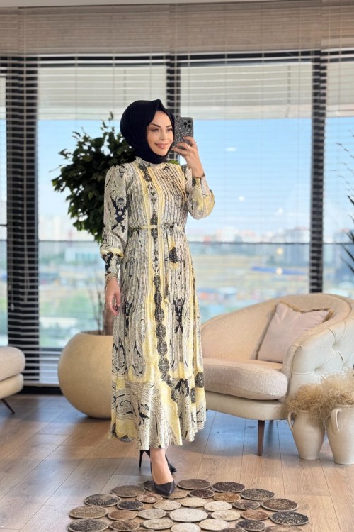 91086 Saten Etnik Desen Piliseli Elbise Yağ Yeşili