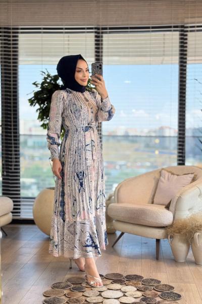 91086 Saten Etnik Desen Piliseli Elbise Lacivert