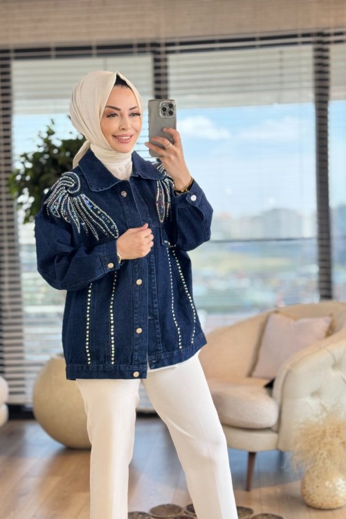 9191 Ön İnci Ve Taş İşlemeli Kot Ceket Lacivert