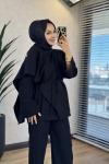 9202 Şal Detaylı Bluz Pantolon Takım Siyah